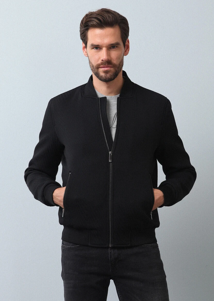 Siyah Regular Fit Dik Yaka Casual Dokuma Mont 