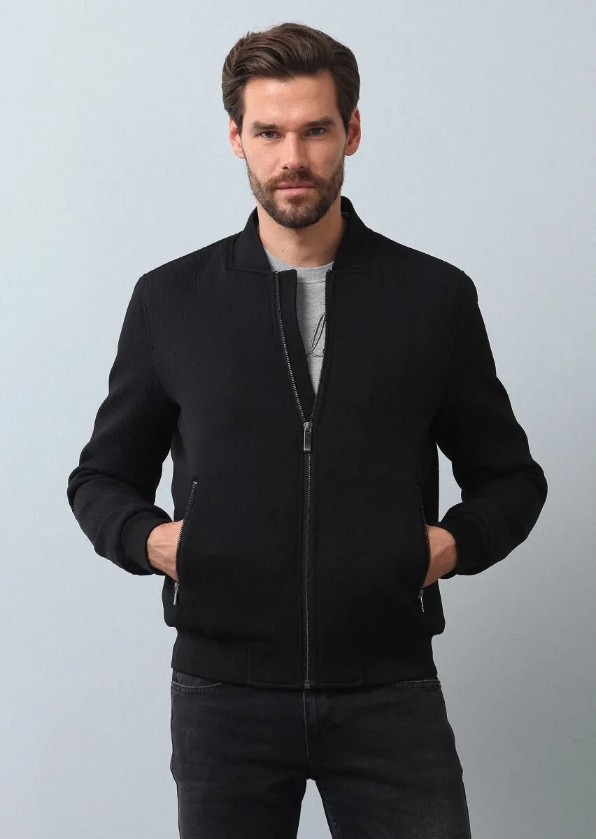 Siyah Regular Fit Dik Yaka Casual Dokuma Mont - 2