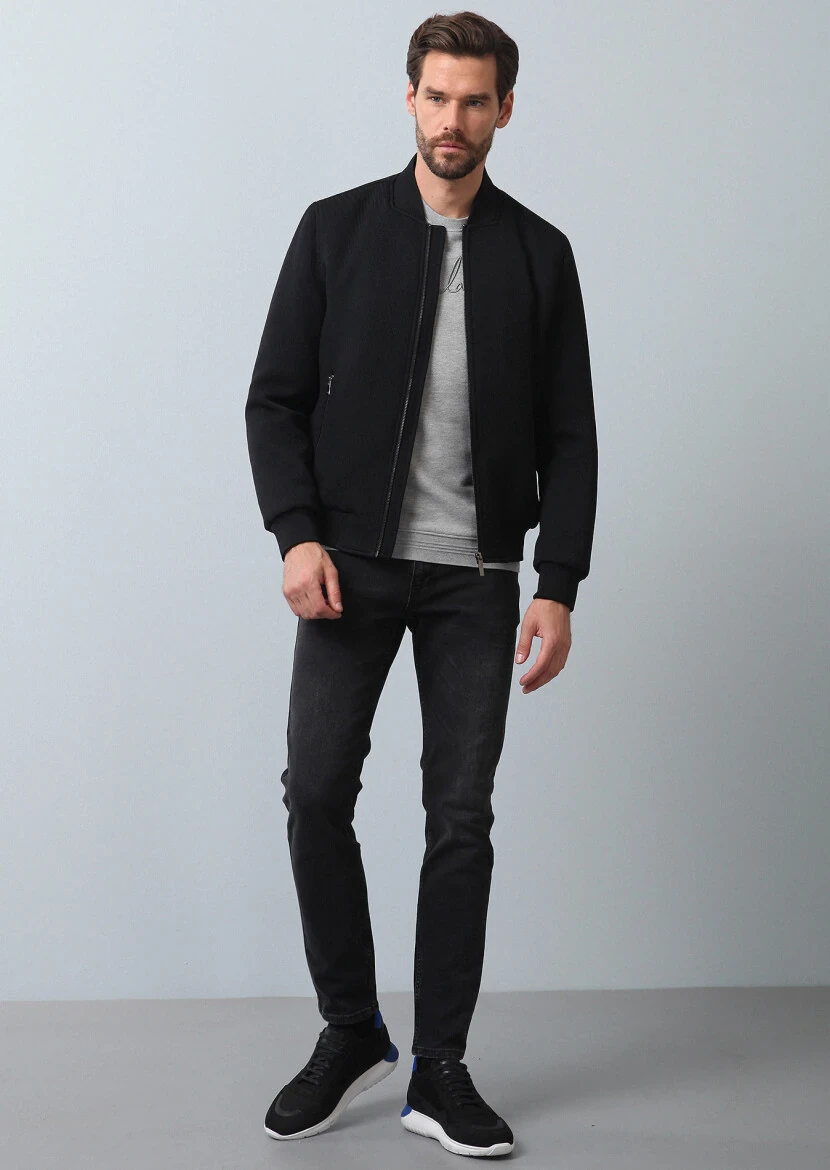 Siyah Regular Fit Dik Yaka Casual Dokuma Mont - 3