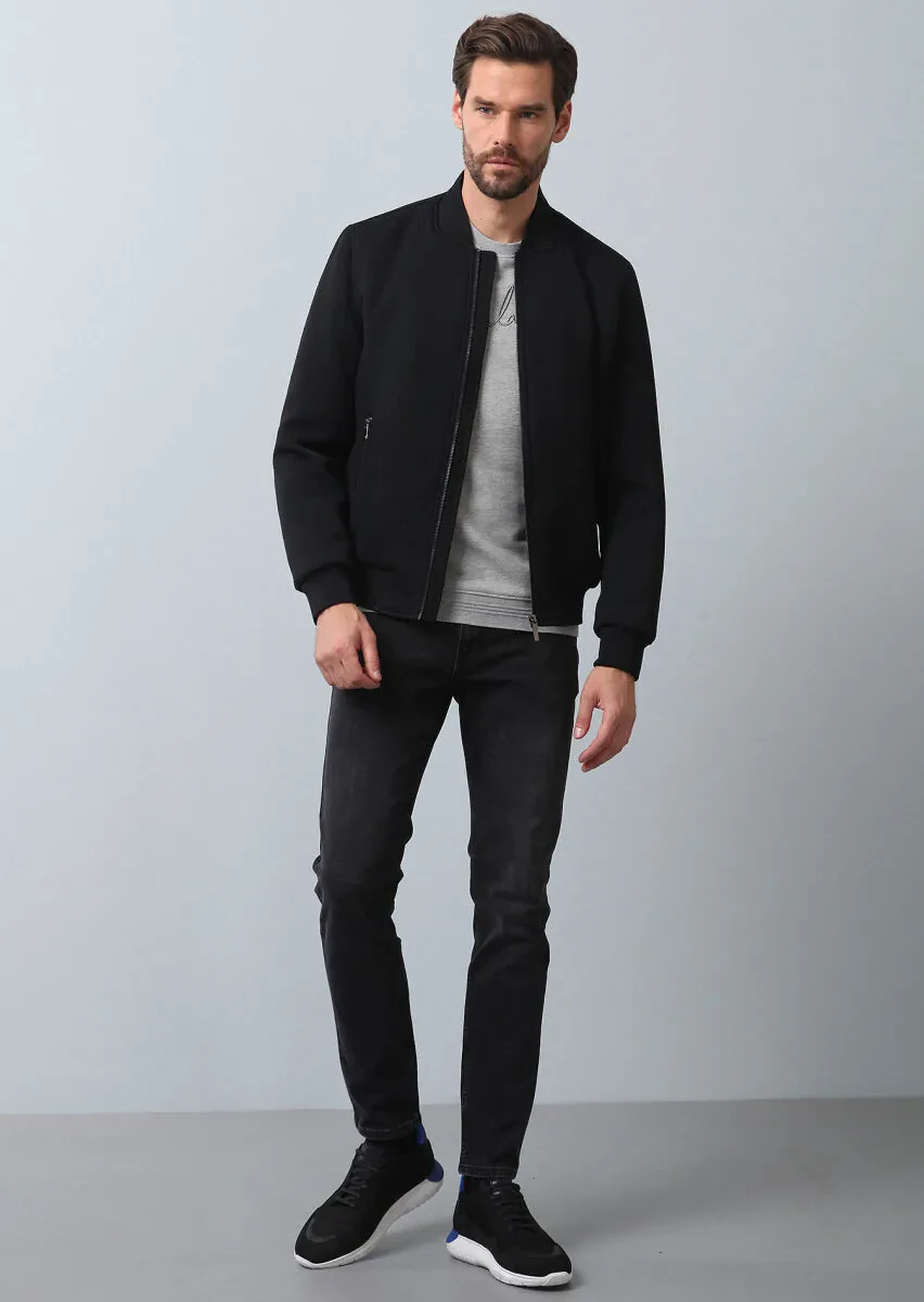 Siyah Regular Fit Dik Yaka Casual Dokuma Mont - 3