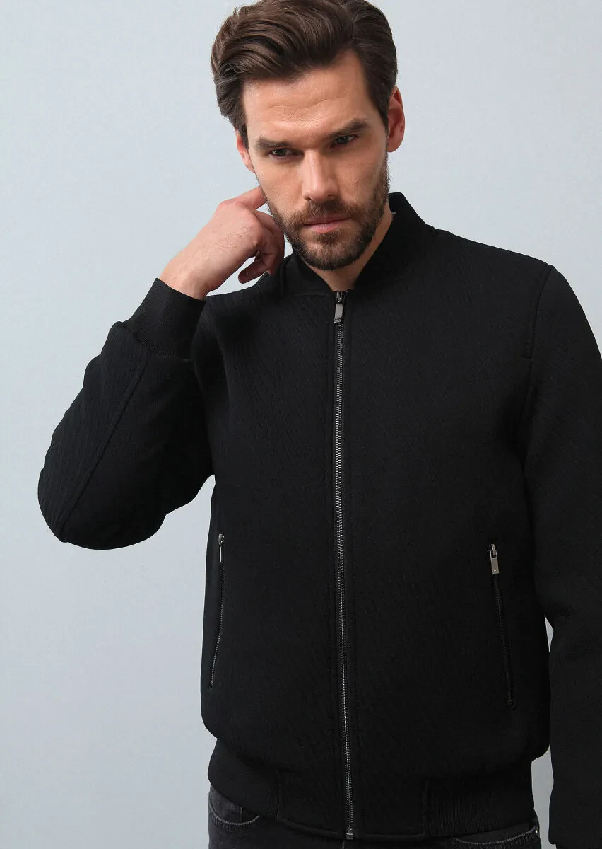 Siyah Regular Fit Dik Yaka Casual Dokuma Mont - 4