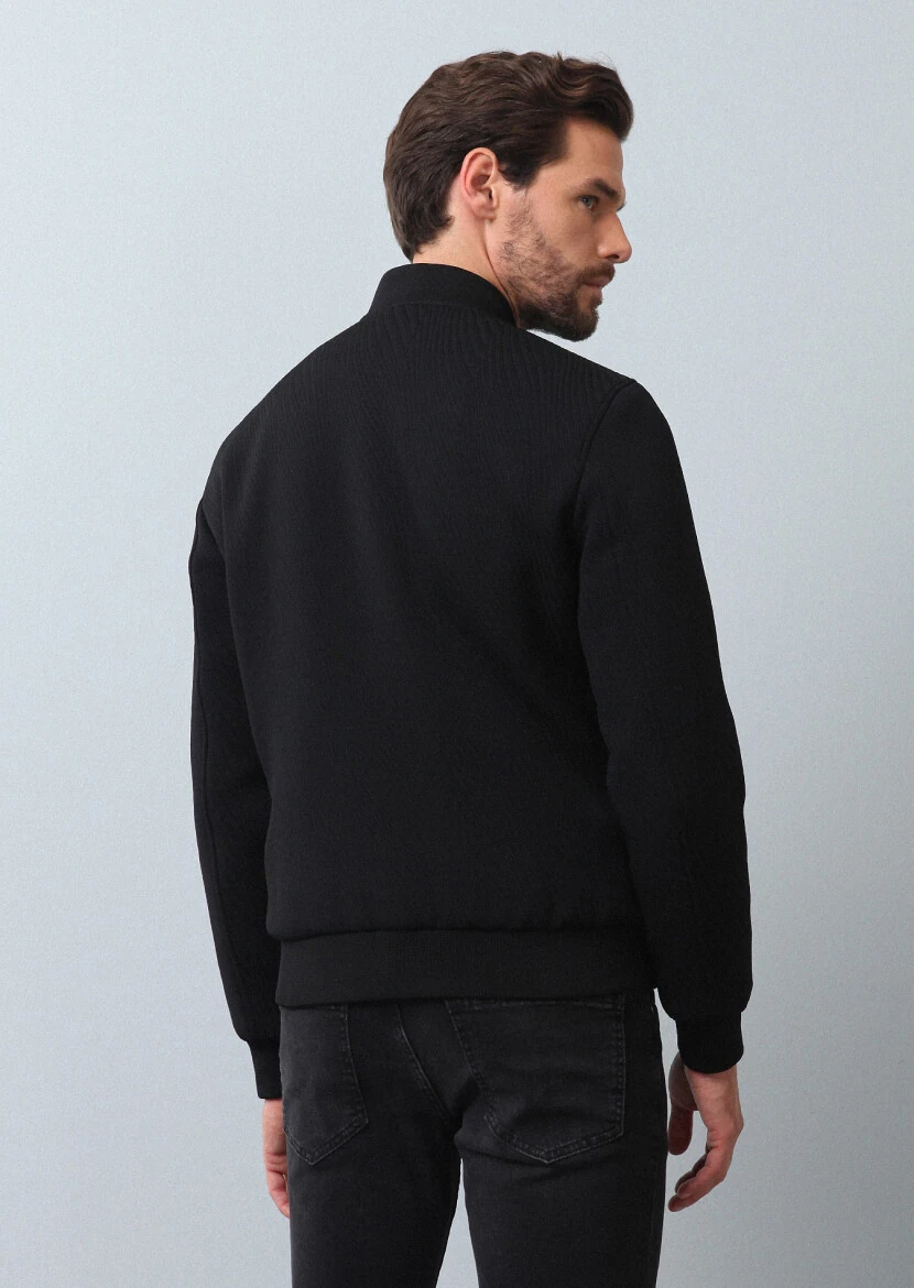 Siyah Regular Fit Dik Yaka Casual Dokuma Mont - 5