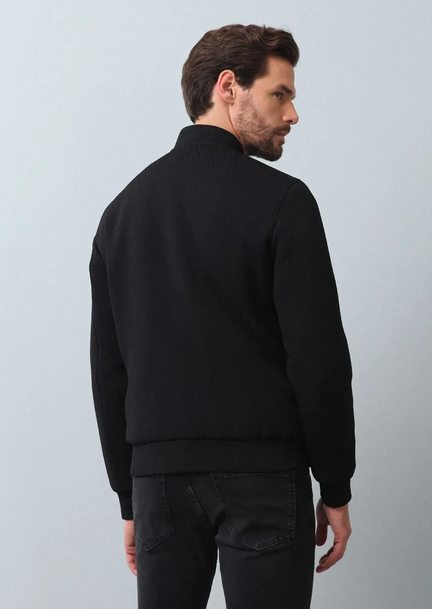 Siyah Regular Fit Dik Yaka Casual Dokuma Mont - 5