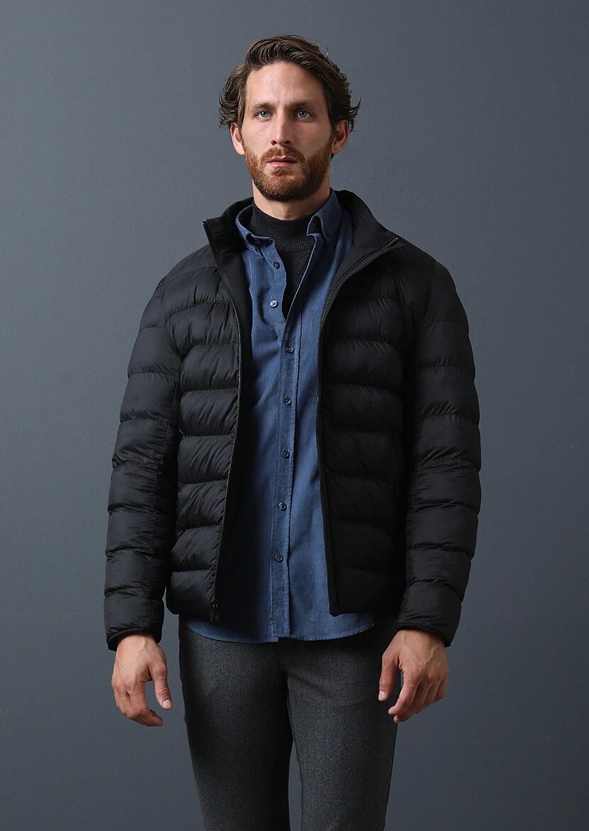 Siyah Regular Fit Dik Yaka Casual Dokuma Mont - 1