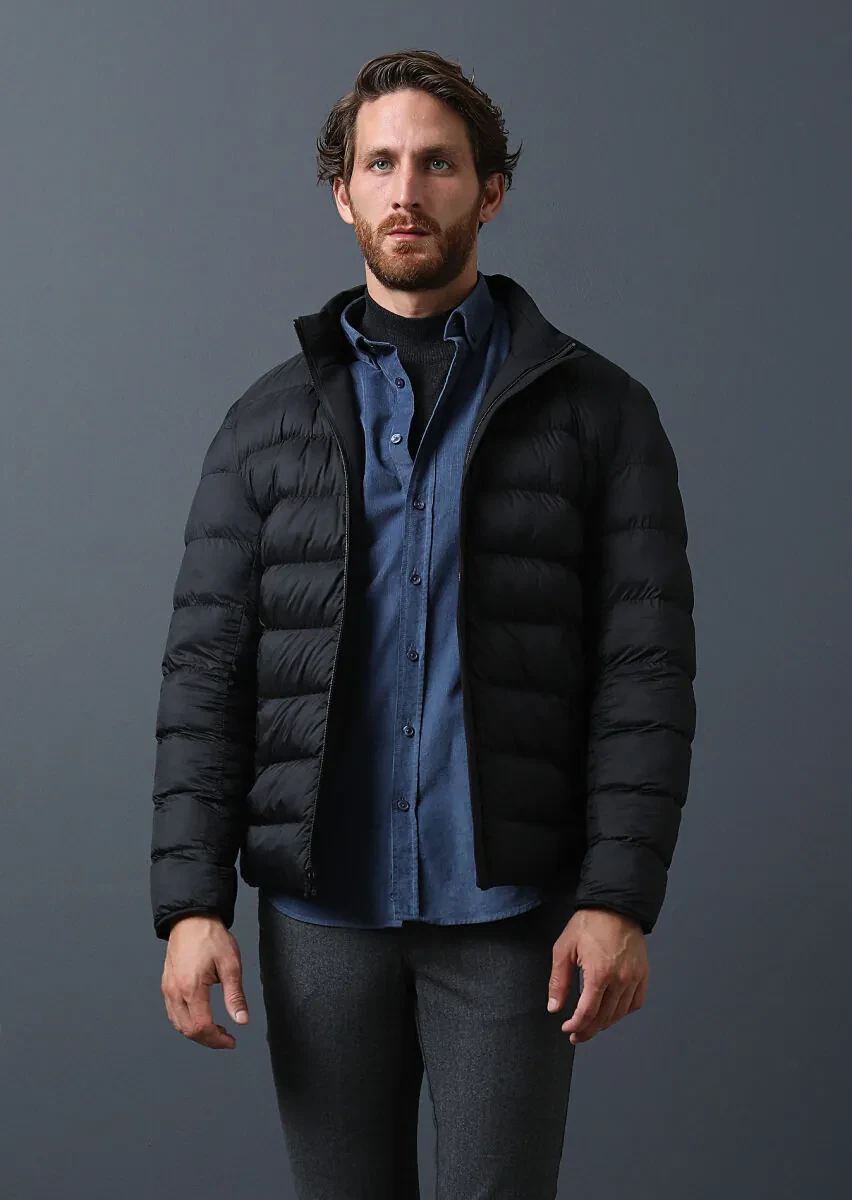 Siyah Regular Fit Dik Yaka Casual Dokuma Mont - 1