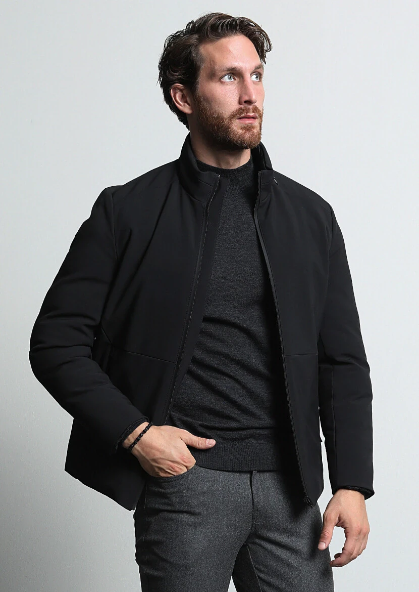 Siyah Regular Fit Dik Yaka Casual Dokuma Mont - 2