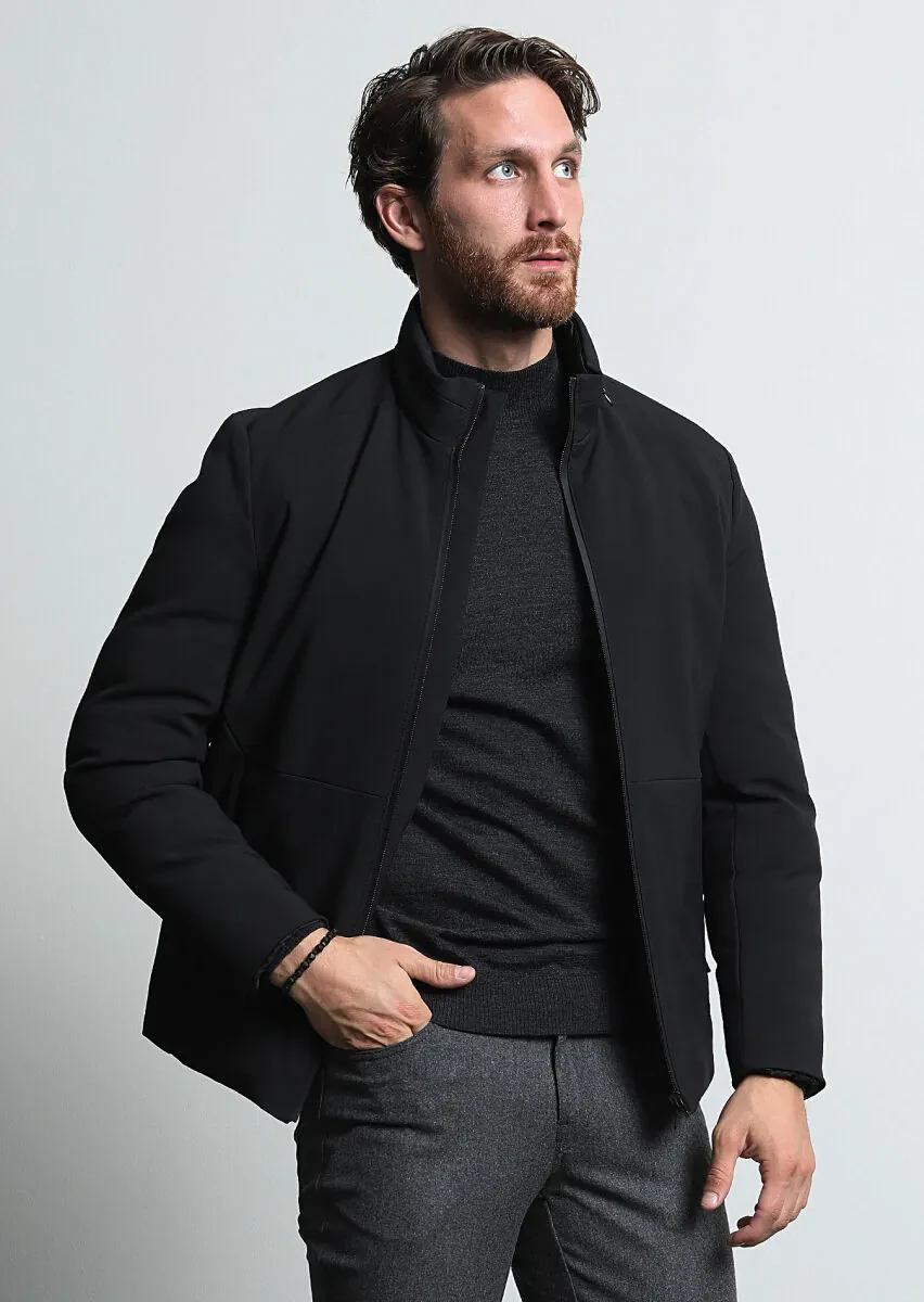 Siyah Regular Fit Dik Yaka Casual Dokuma Mont - 2