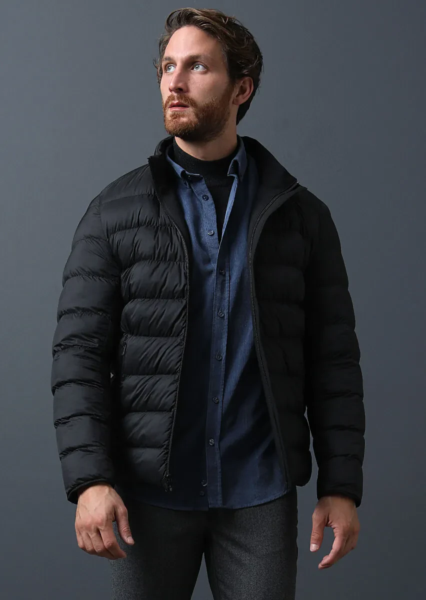 Siyah Regular Fit Dik Yaka Casual Dokuma Mont - 3