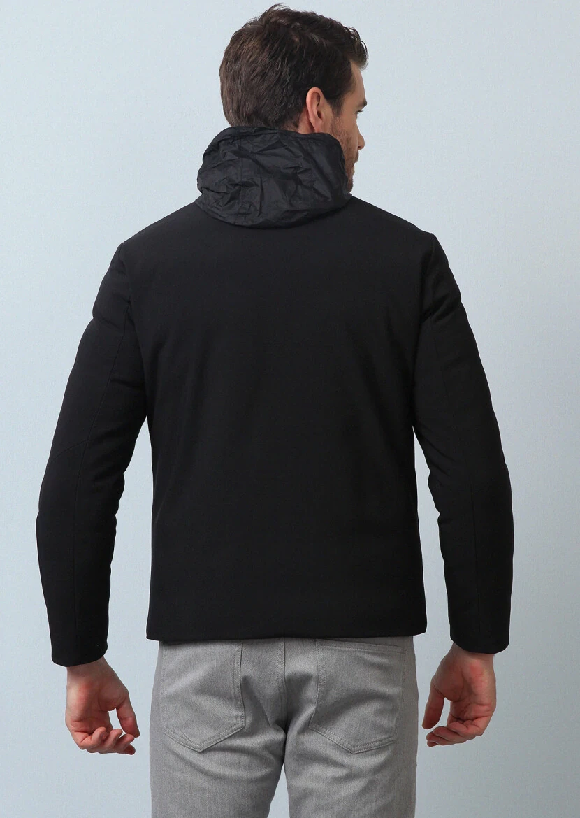 Siyah Regular Fit Dik Yaka Casual Dokuma Mont - 4