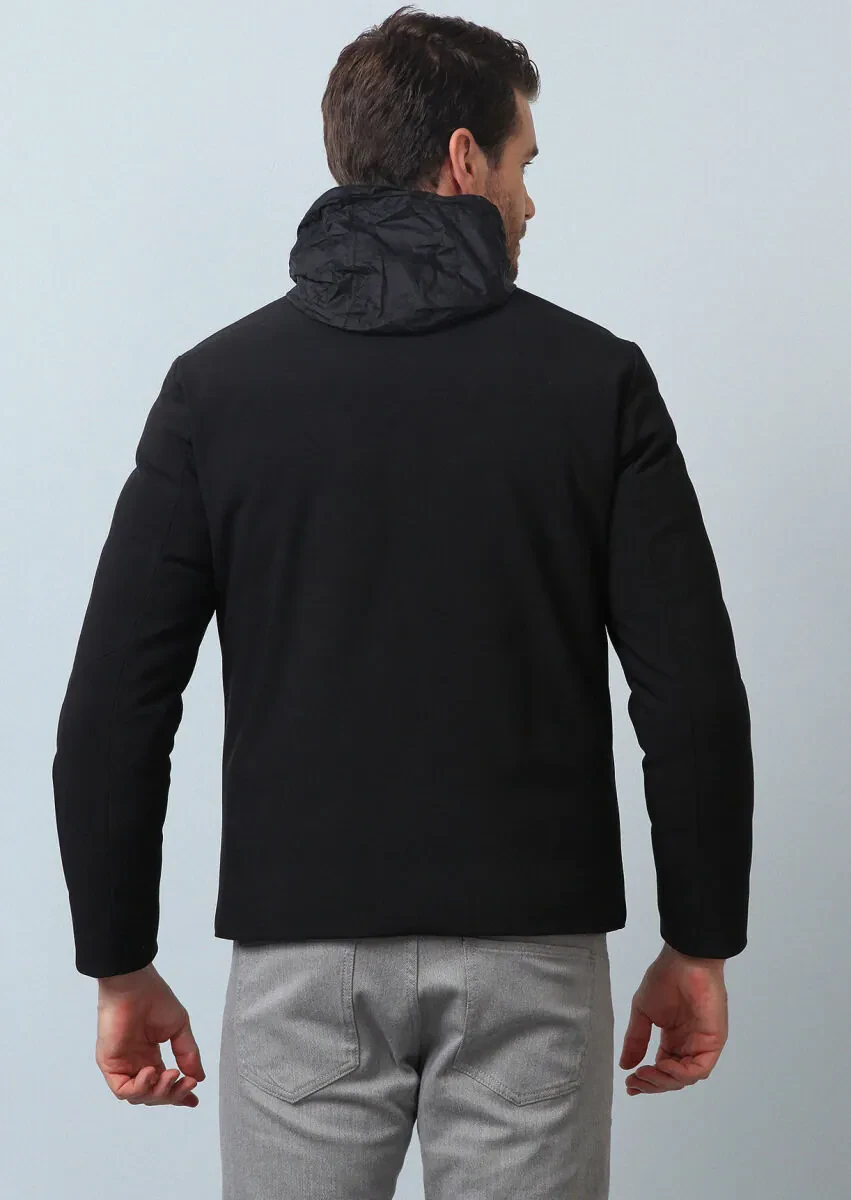 Siyah Regular Fit Dik Yaka Casual Dokuma Mont - 4