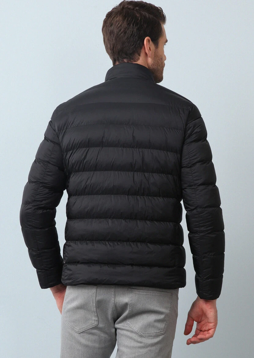 Siyah Regular Fit Dik Yaka Casual Dokuma Mont - 5