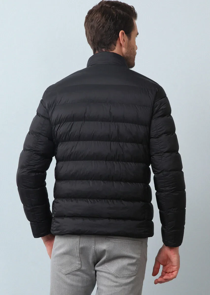 Siyah Regular Fit Dik Yaka Casual Dokuma Mont - 5