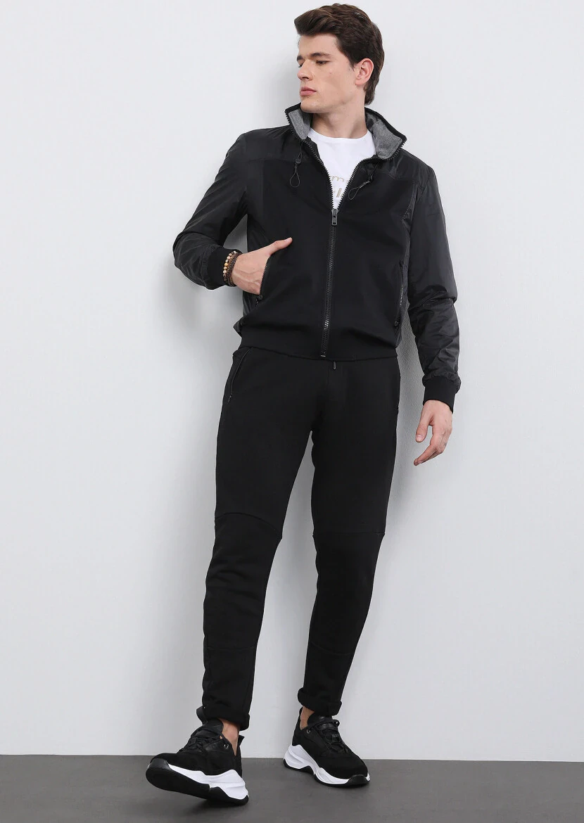 Siyah Regular Fit Dik Yaka Casual Dokuma Mont - 1