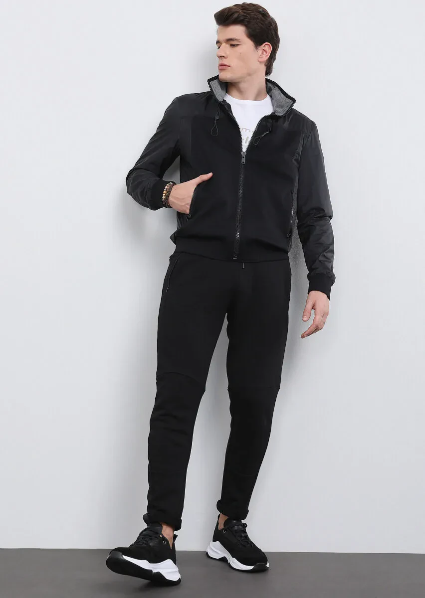 Siyah Regular Fit Dik Yaka Casual Dokuma Mont - 1