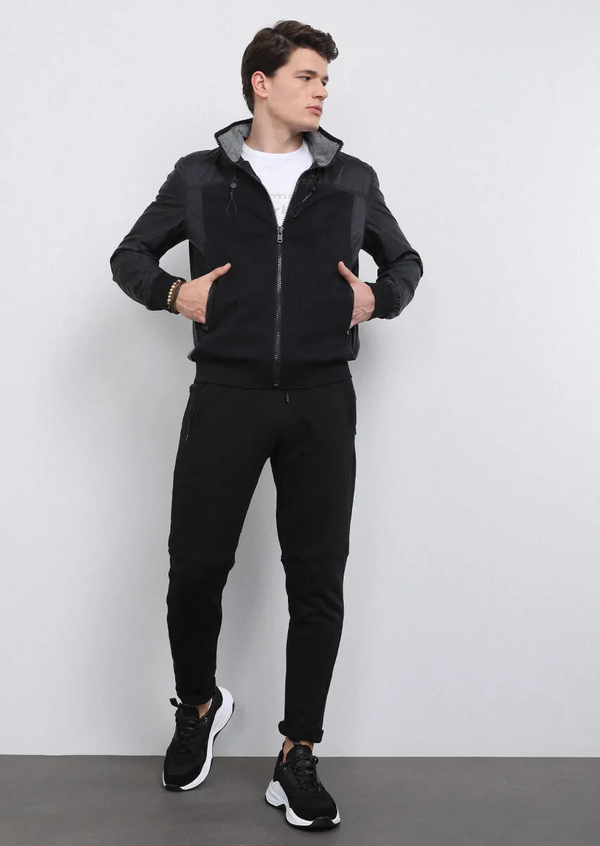 Siyah Regular Fit Dik Yaka Casual Dokuma Mont - 3