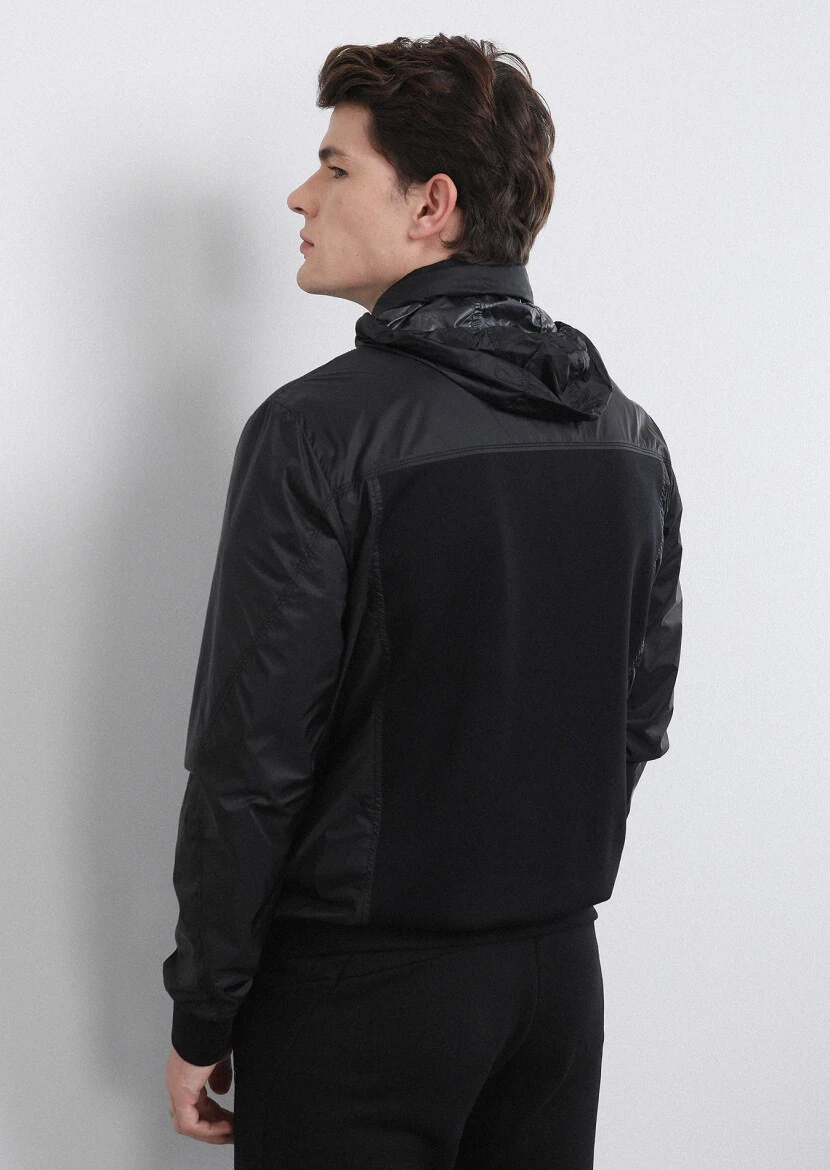 Siyah Regular Fit Dik Yaka Casual Dokuma Mont - 5