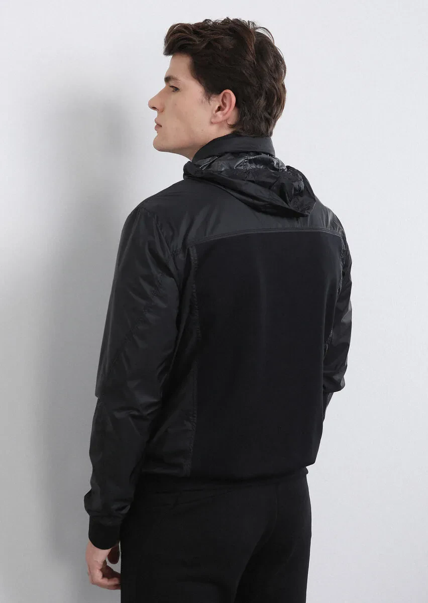 Siyah Regular Fit Dik Yaka Casual Dokuma Mont - 5