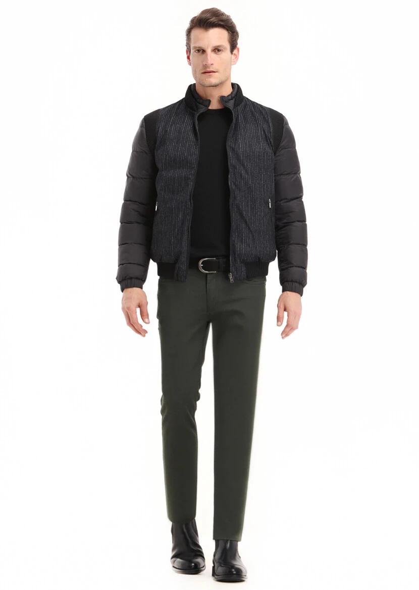 Siyah Regular Fit Dik Yaka Casual Dokuma Mont - 1