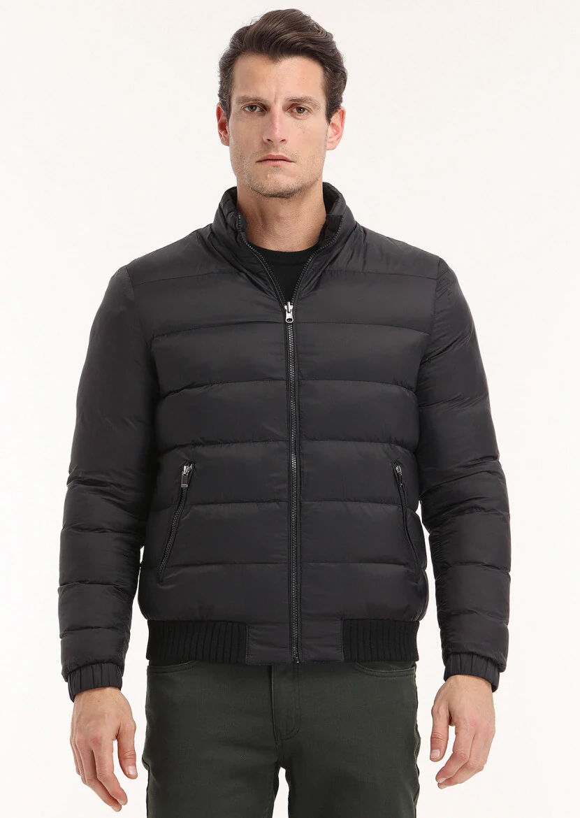 Siyah Regular Fit Dik Yaka Casual Dokuma Mont - 3