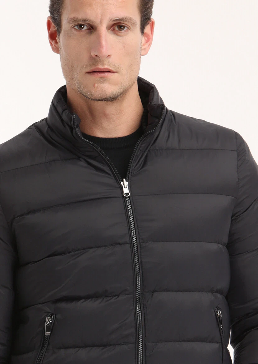 Siyah Regular Fit Dik Yaka Casual Dokuma Mont - 5