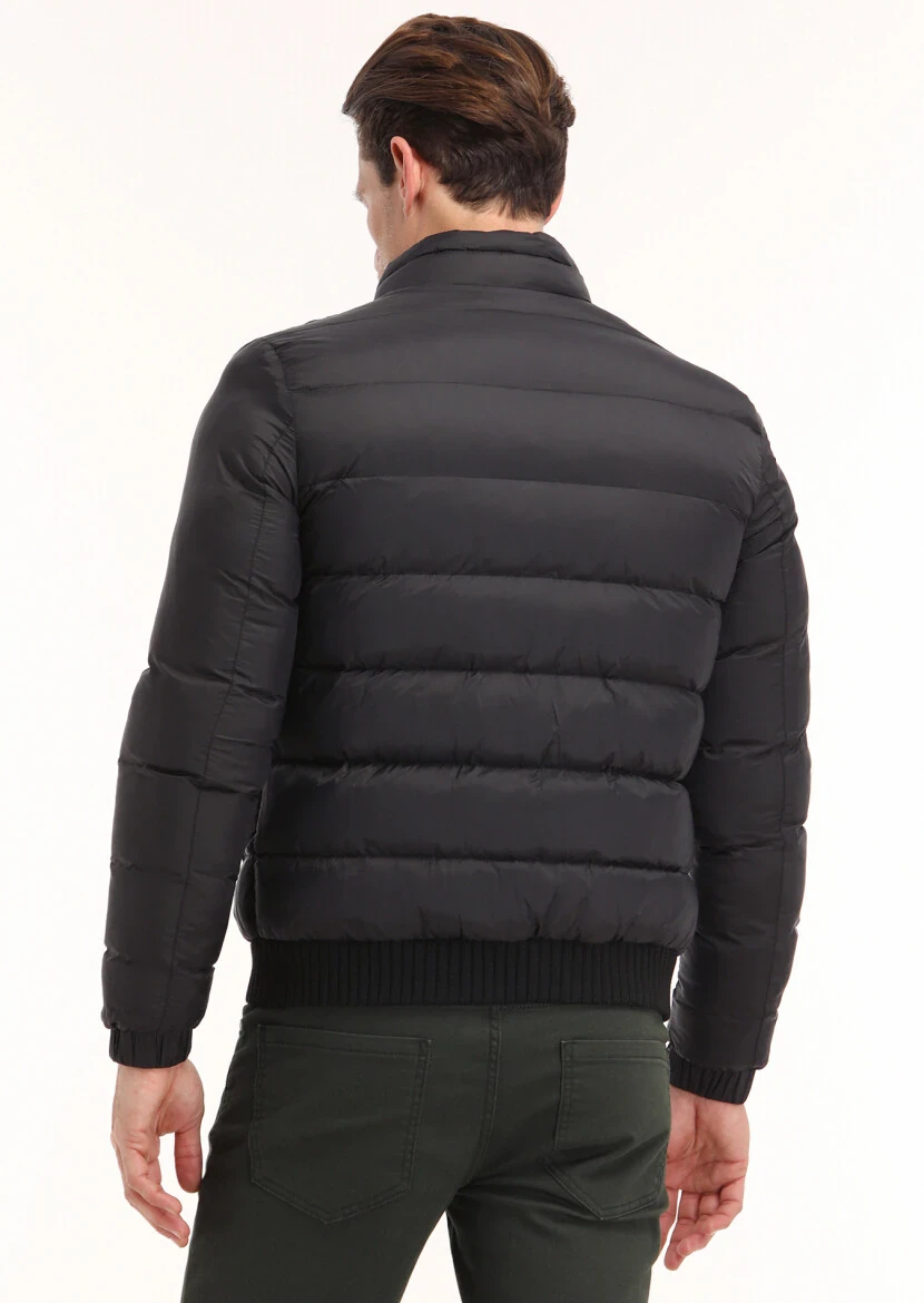 Siyah Regular Fit Dik Yaka Casual Dokuma Mont - 8