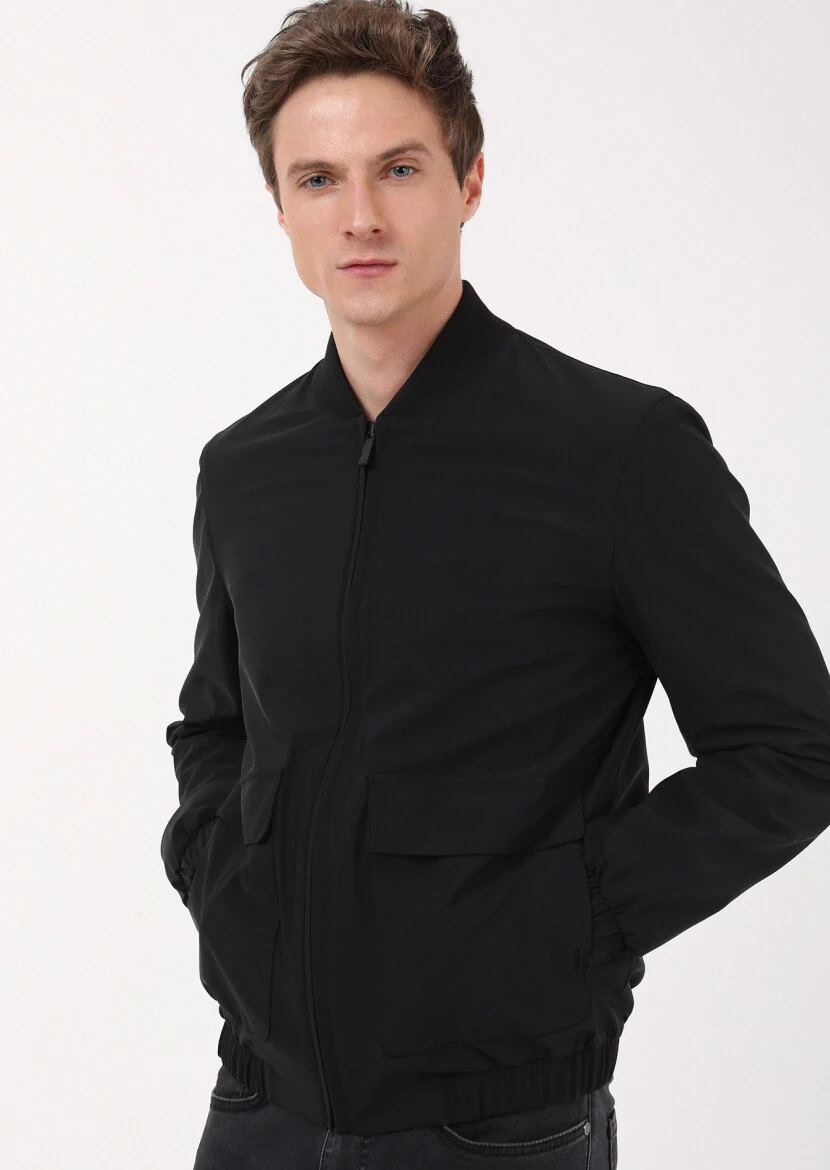 Siyah Regular Fit Dik Yaka Casual Dokuma Mont - 2