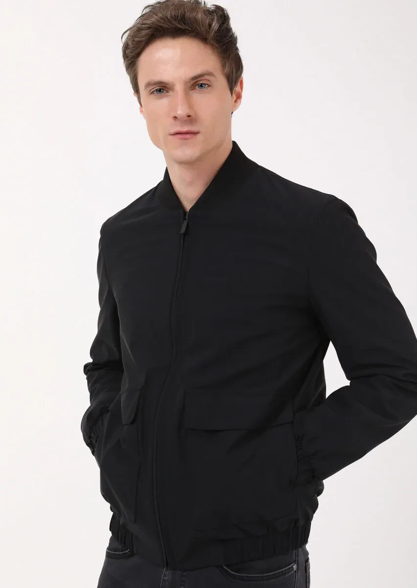 Siyah Regular Fit Dik Yaka Casual Dokuma Mont - 2