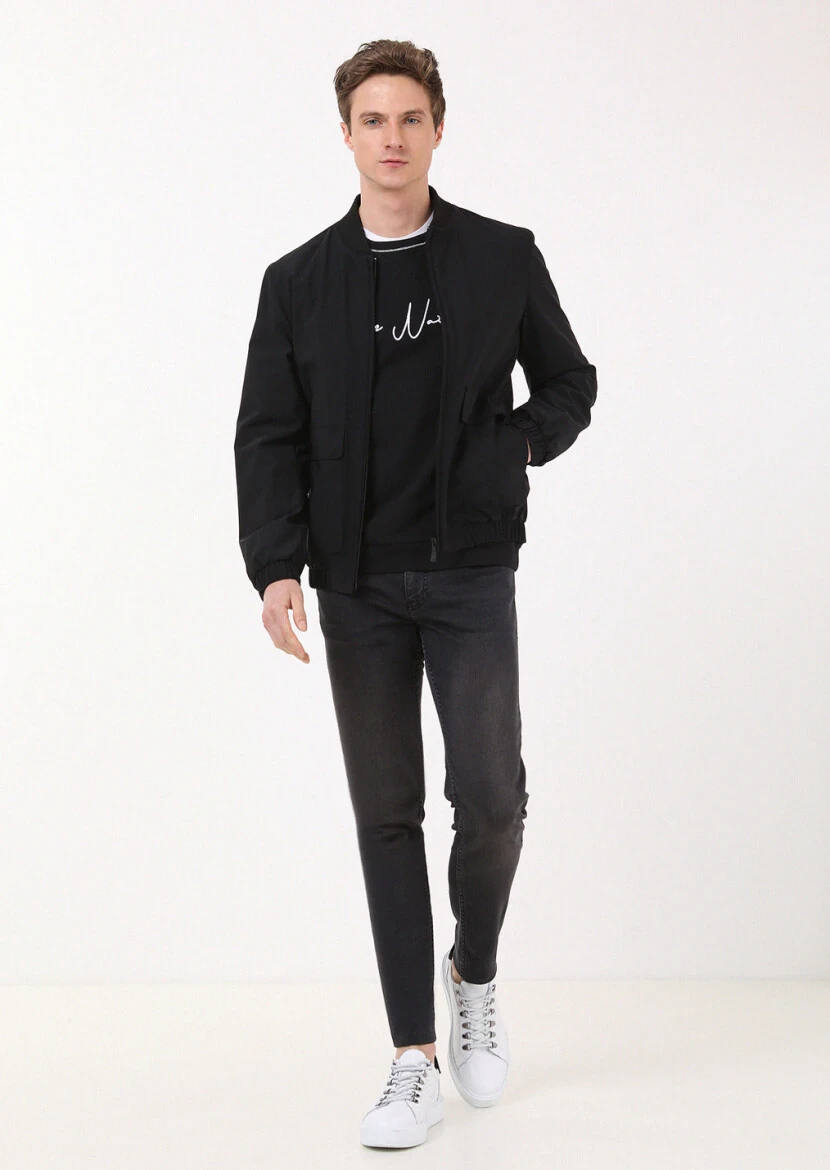 Siyah Regular Fit Dik Yaka Casual Dokuma Mont - 4