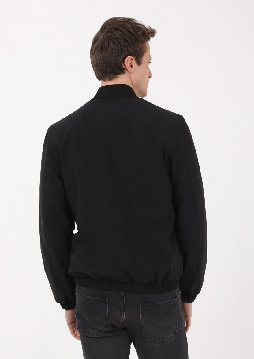 Siyah Regular Fit Dik Yaka Casual Dokuma Mont - 5