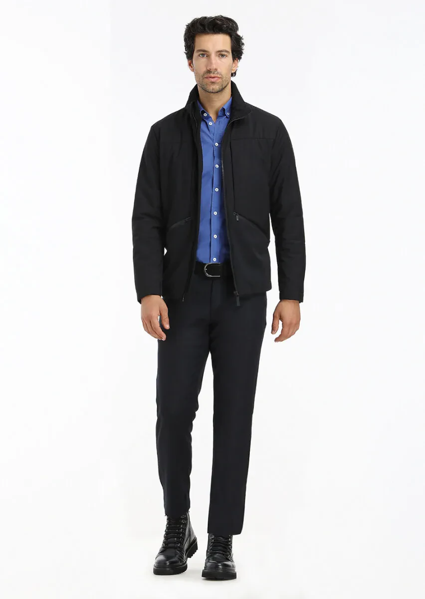 Siyah Regular Fit Dik Yaka Casual Dokuma Mont - 1