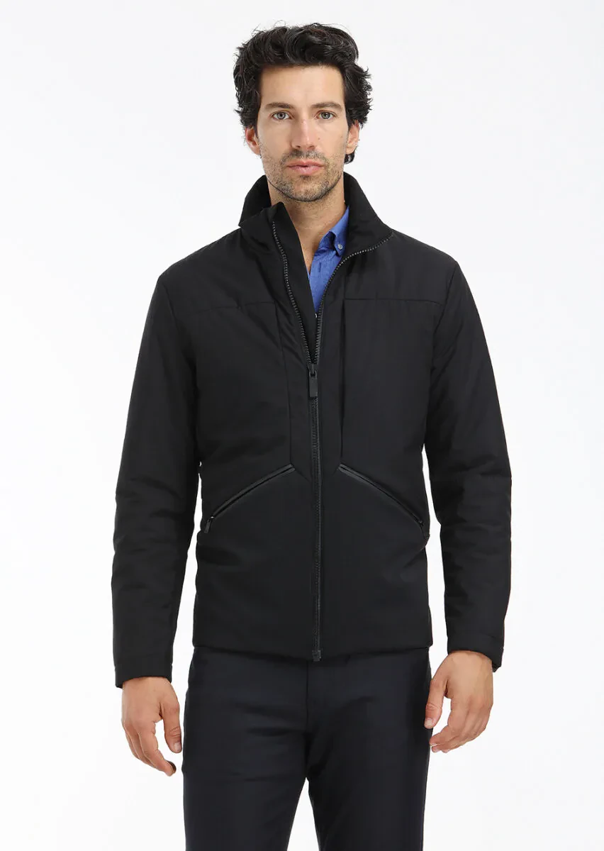 Siyah Regular Fit Dik Yaka Casual Dokuma Mont - 2