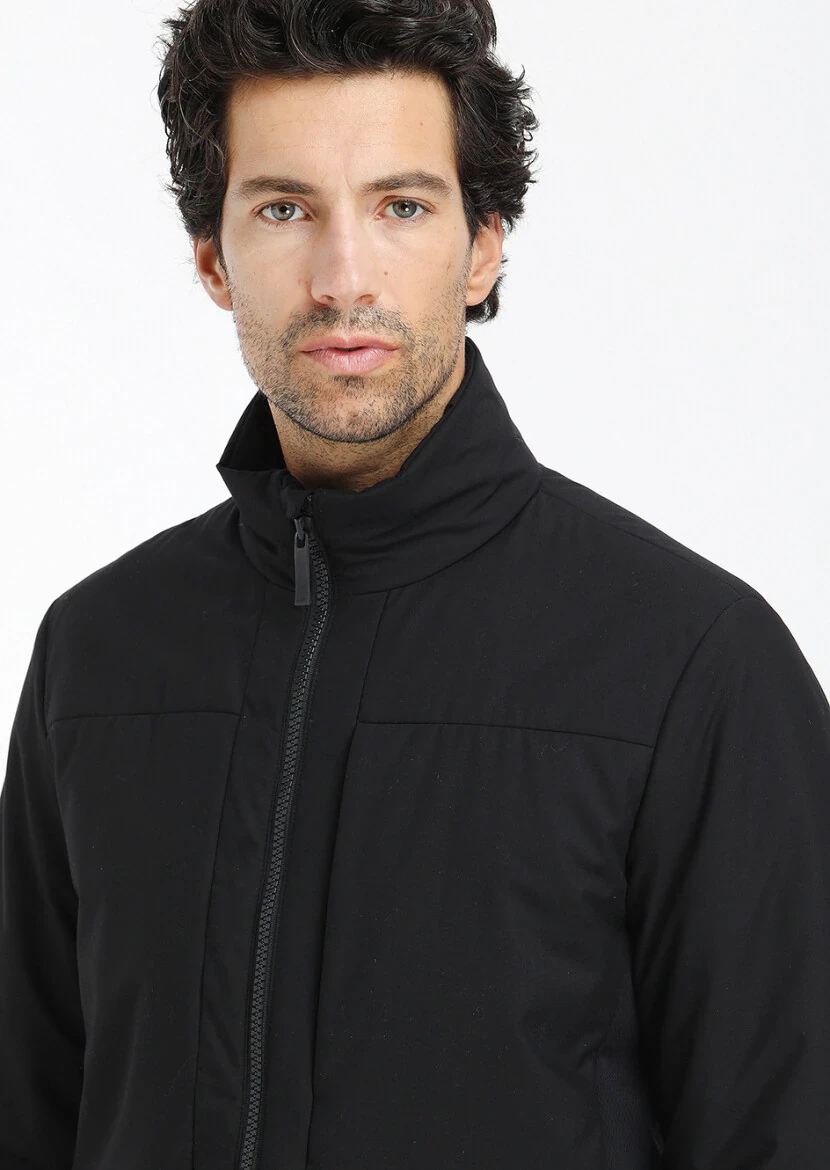 Siyah Regular Fit Dik Yaka Casual Dokuma Mont - 5