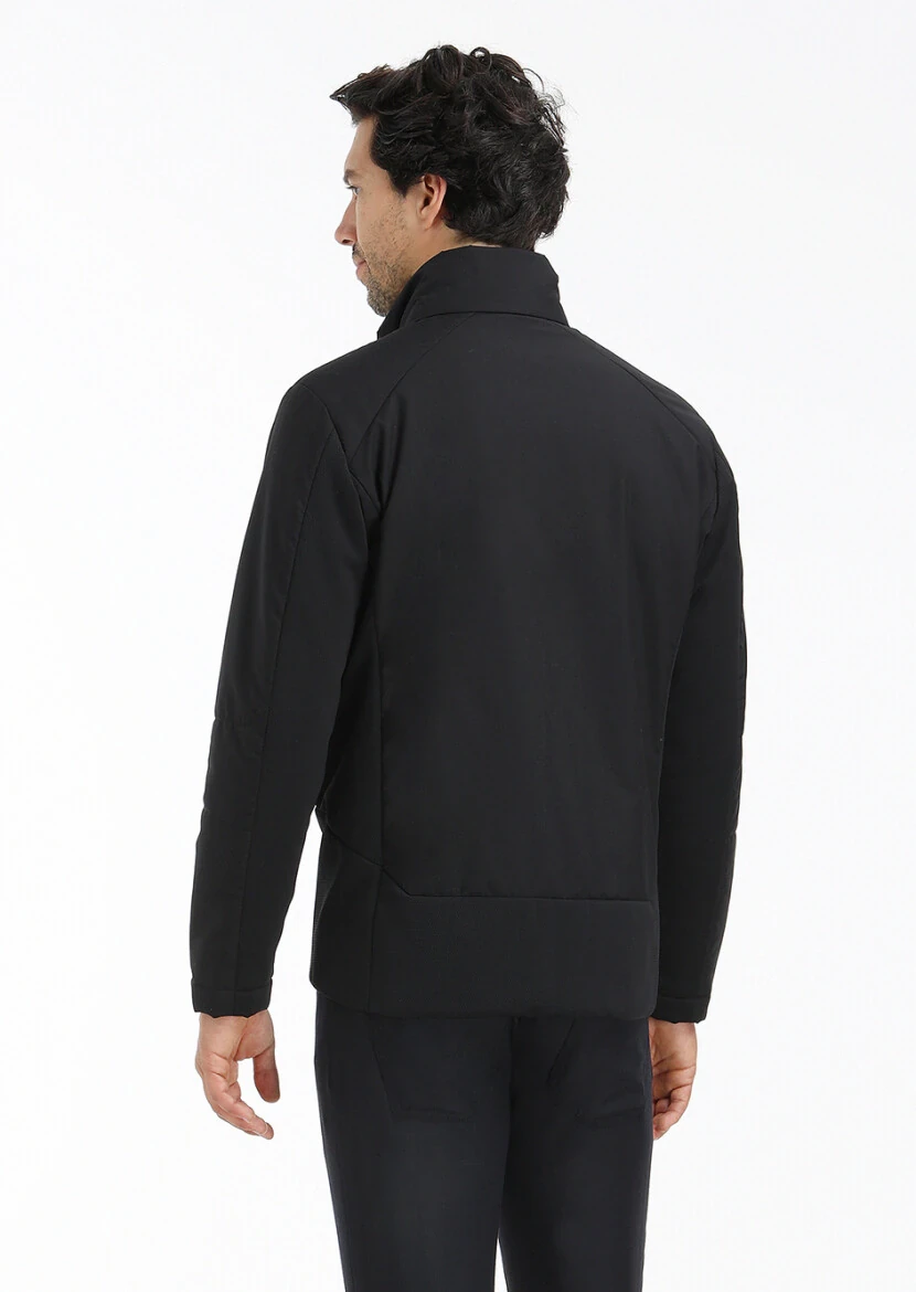 Siyah Regular Fit Dik Yaka Casual Dokuma Mont - 6