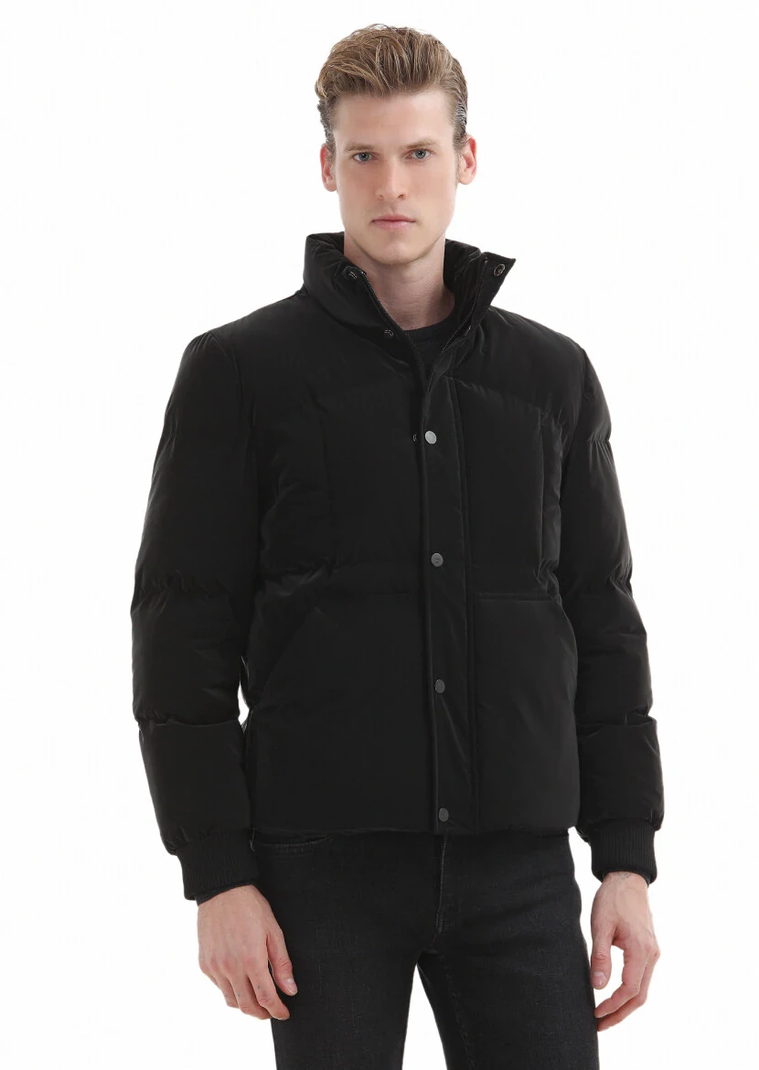 Siyah Regular Fit Dik Yaka Casual Dokuma Mont - 1