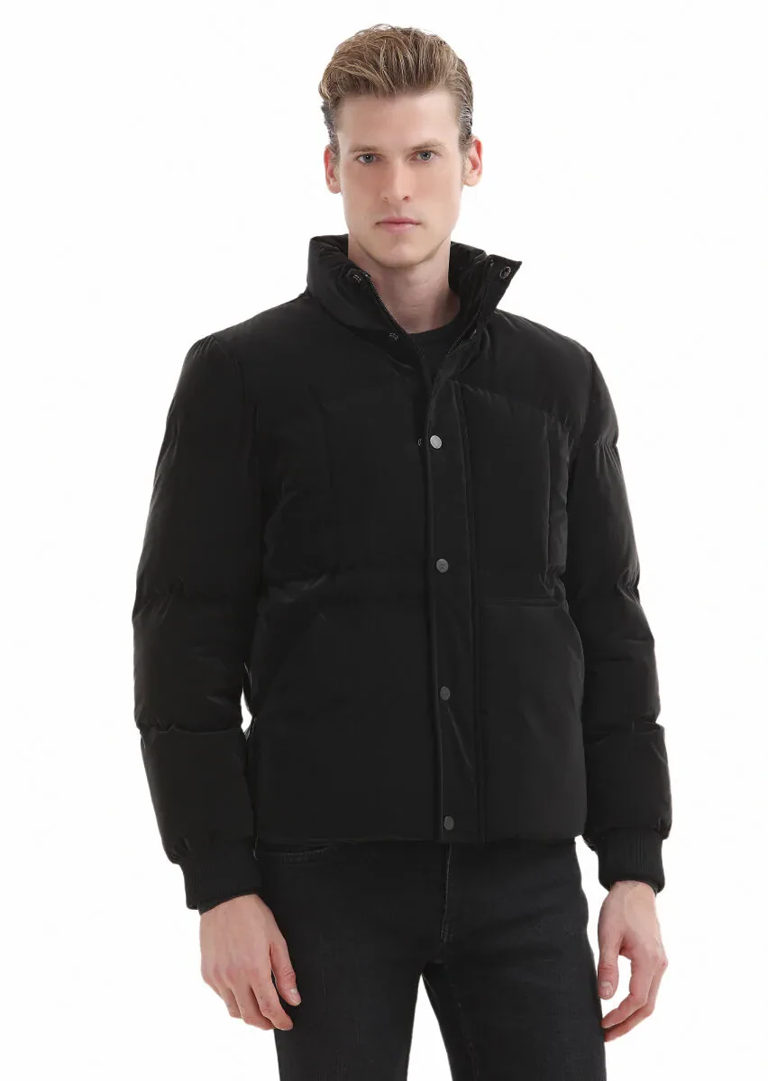 Siyah Regular Fit Dik Yaka Casual Dokuma Mont - 1