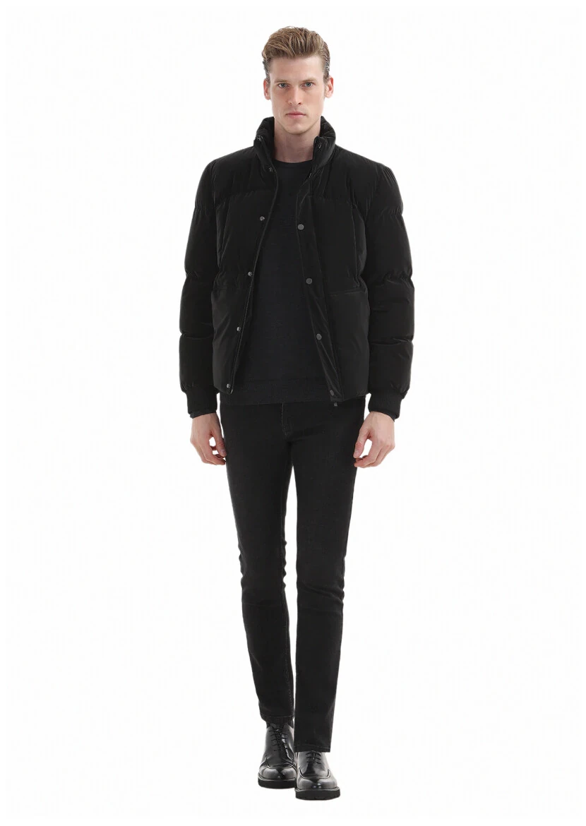 Siyah Regular Fit Dik Yaka Casual Dokuma Mont - 2