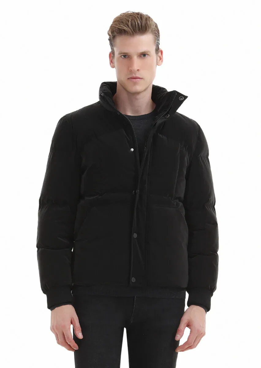 Siyah Regular Fit Dik Yaka Casual Dokuma Mont - 3