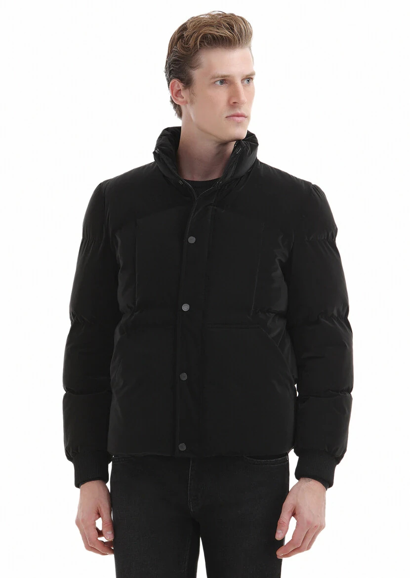 Siyah Regular Fit Dik Yaka Casual Dokuma Mont - 4