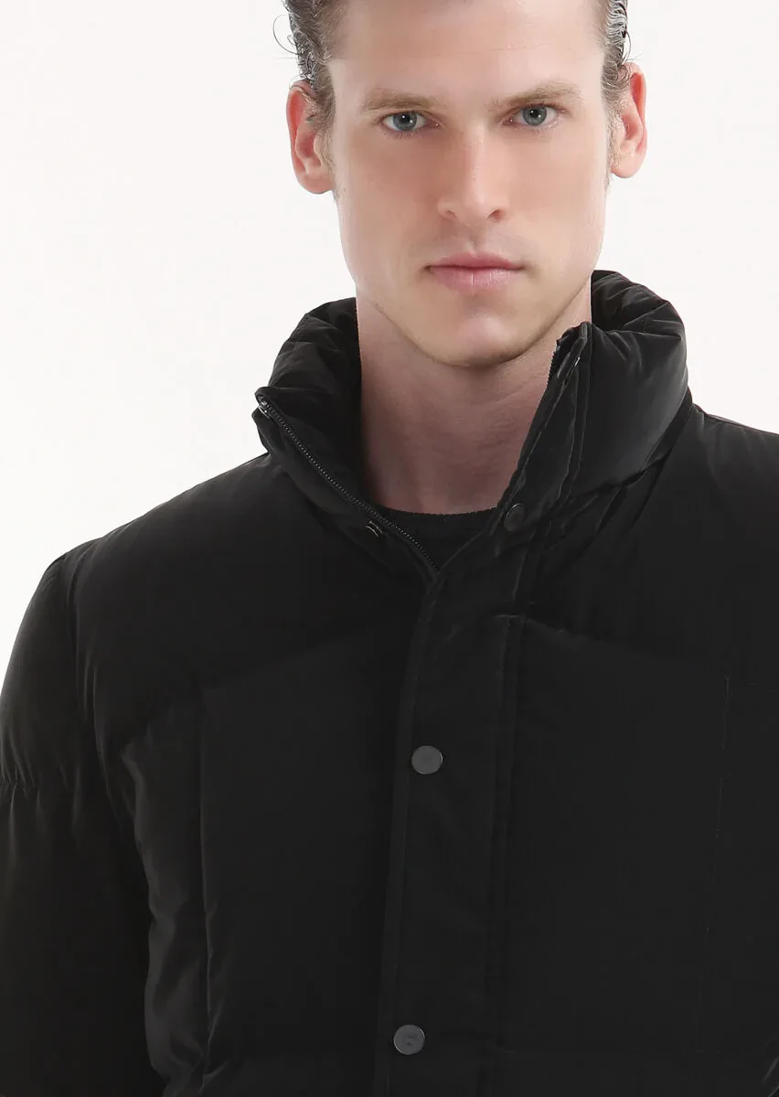 Siyah Regular Fit Dik Yaka Casual Dokuma Mont - 5