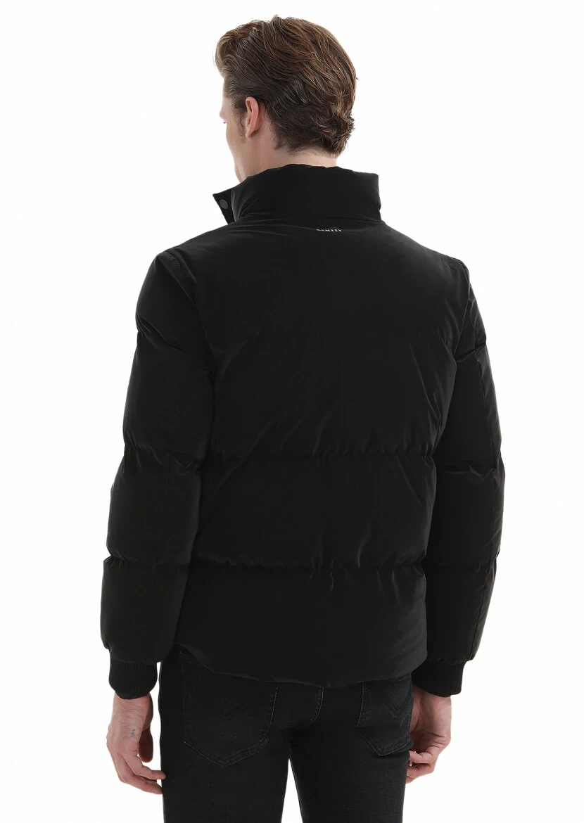 Siyah Regular Fit Dik Yaka Casual Dokuma Mont - 7