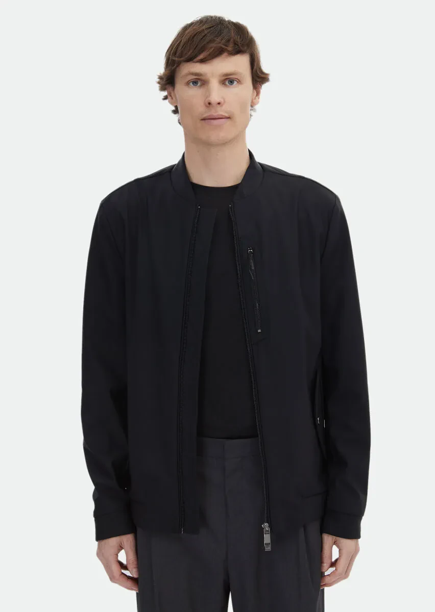 Siyah Regular Fit Dik Yaka Casual Dokuma Mont - 1