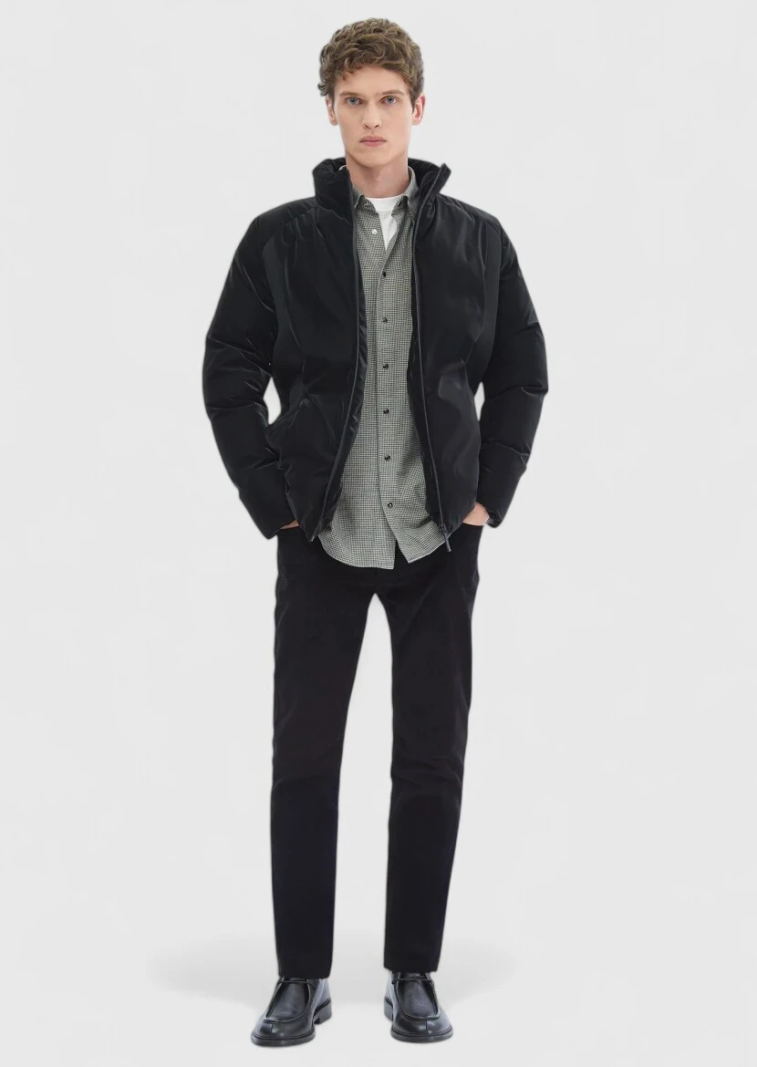 Siyah Regular Fit Dik Yaka Casual Dokuma Mont - 2