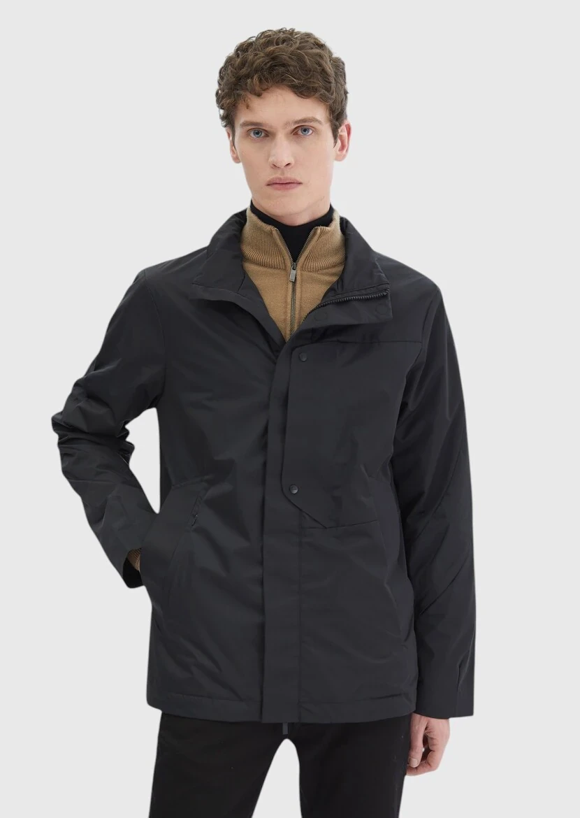 Siyah Regular Fit Dik Yaka Casual Dokuma Mont - 3