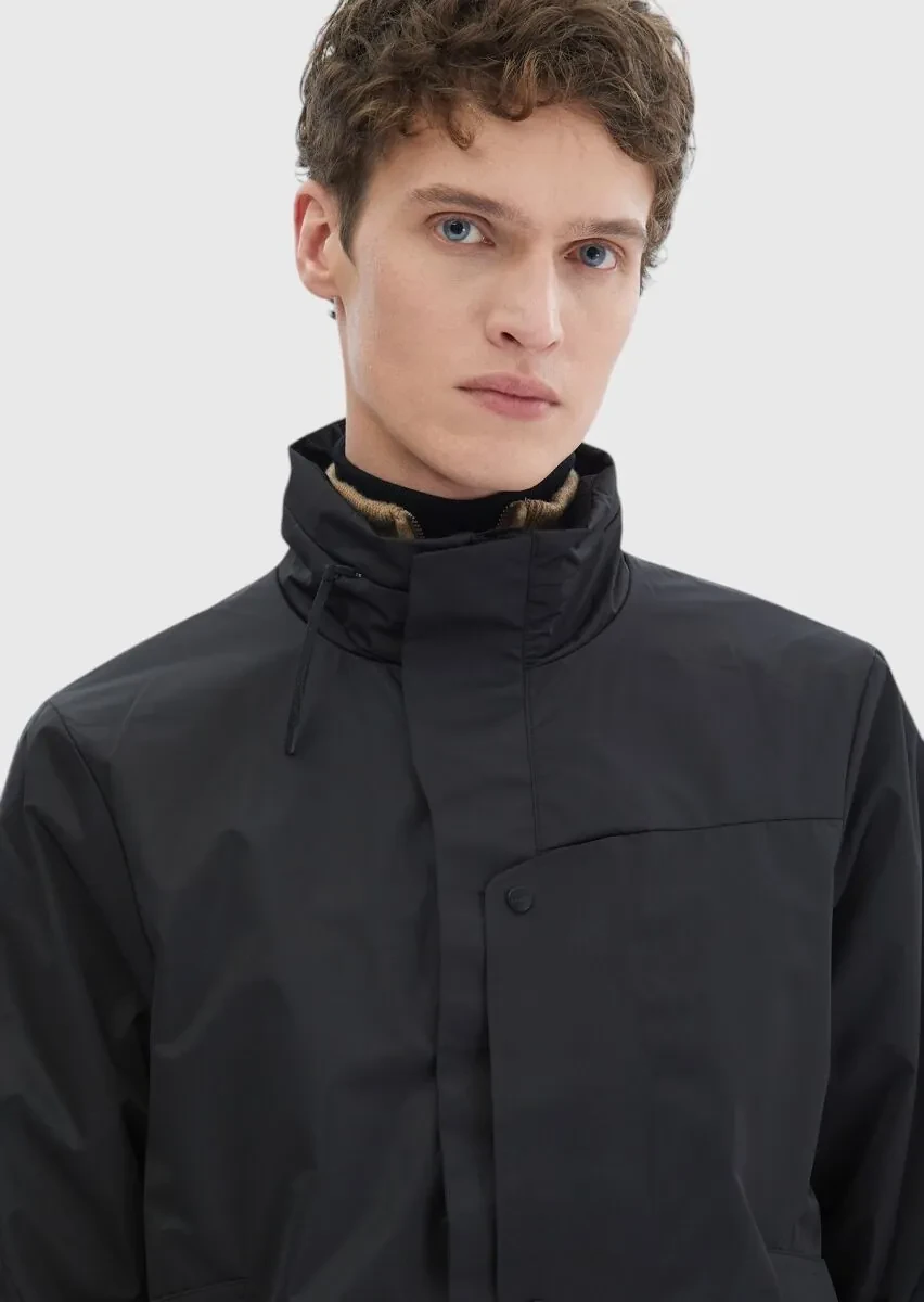 Siyah Regular Fit Dik Yaka Casual Dokuma Mont - 4