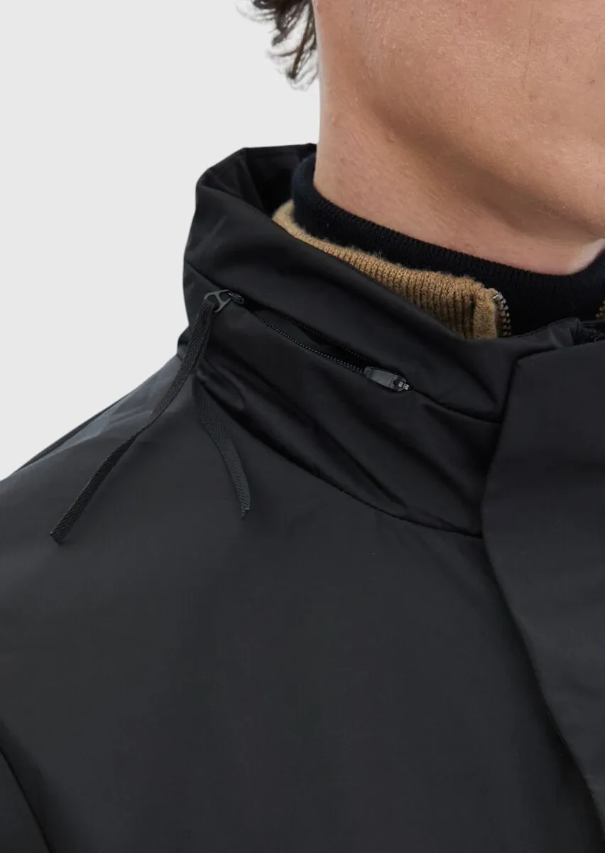 Siyah Regular Fit Dik Yaka Casual Dokuma Mont - 6