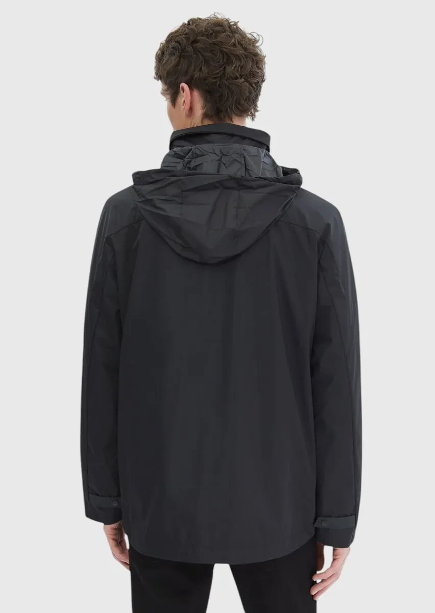 Siyah Regular Fit Dik Yaka Casual Dokuma Mont - 7