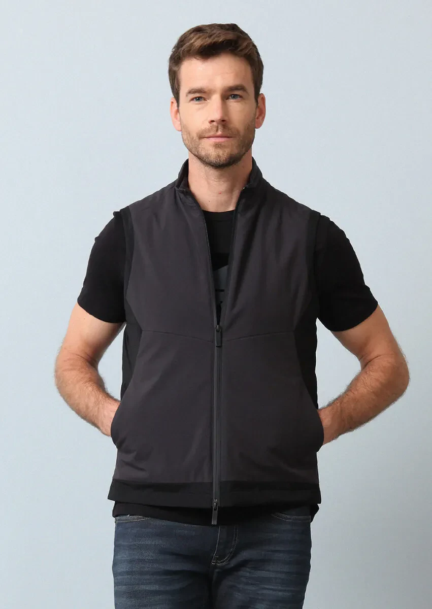 Siyah Regular Fit Dik Yaka Casual Dokuma Spor Yelek - 3