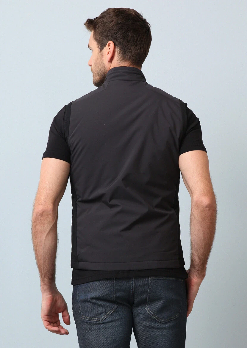 Siyah Regular Fit Dik Yaka Casual Dokuma Spor Yelek - 5