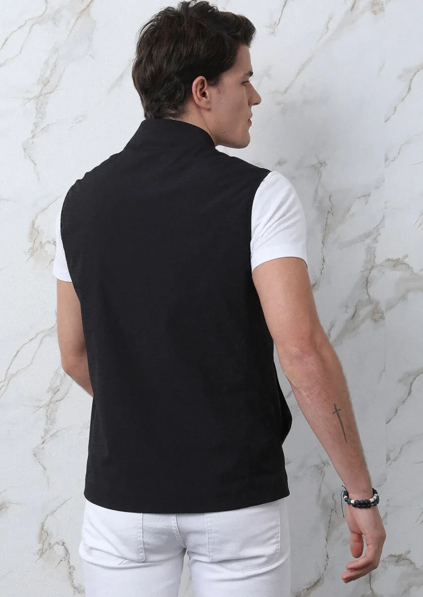 Siyah Regular Fit Dik Yaka Casual Dokuma Spor Yelek - 5