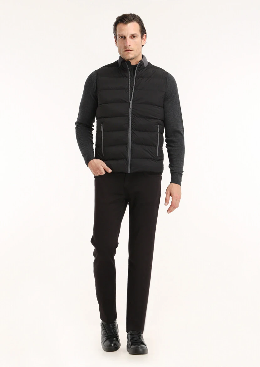 Siyah Regular Fit Dik Yaka Casual Dokuma Spor Yelek - 1